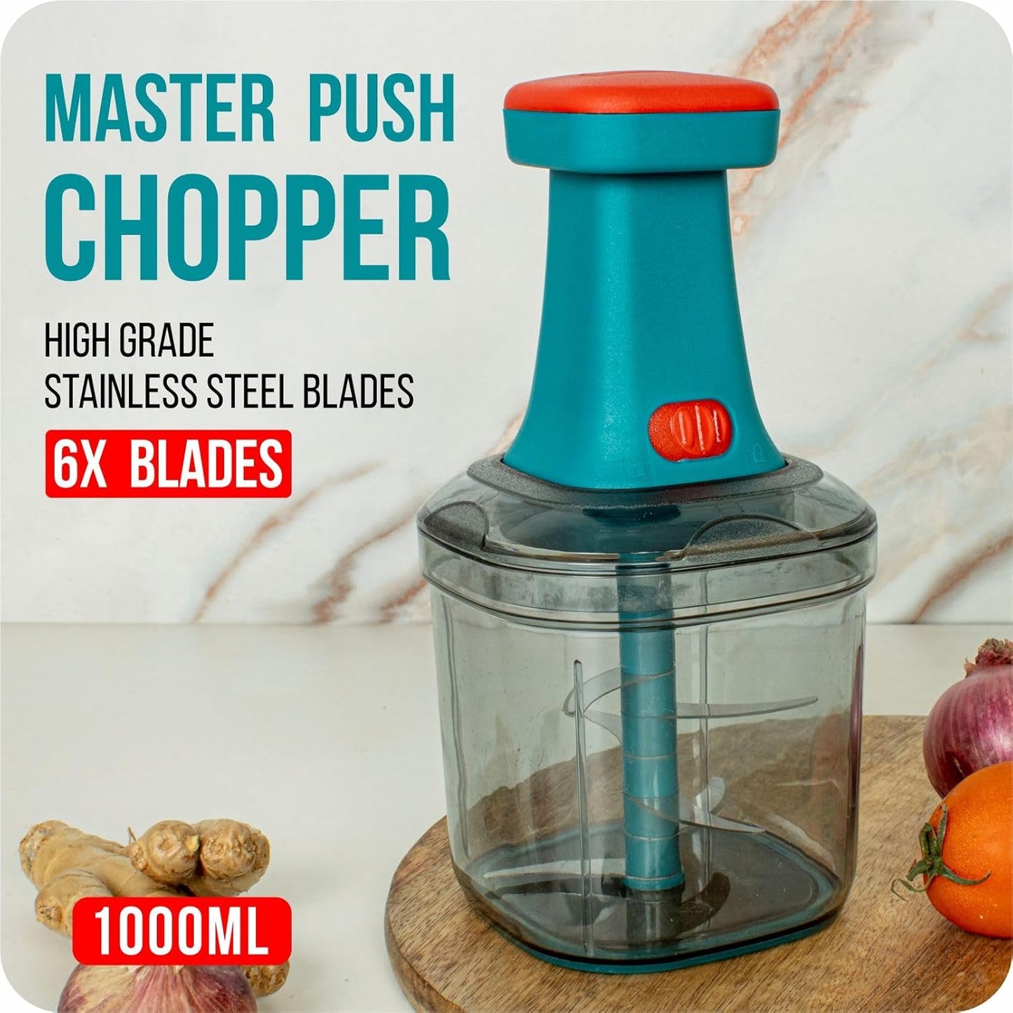Hand Press Push Chopper with 6 Blades for Effortless Chopping Vegetables & Fruits (Assorted, 1000 ml, Plastic),