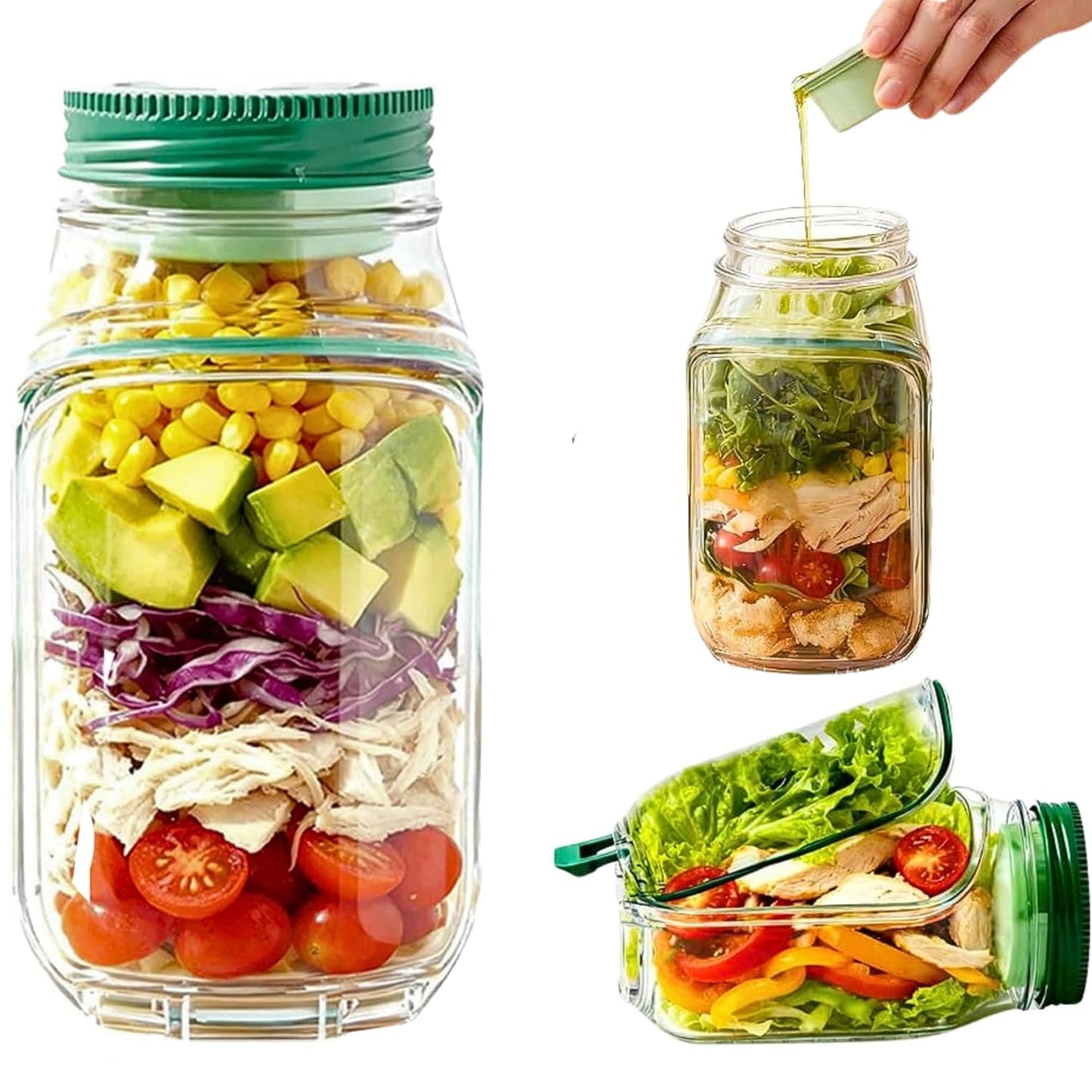 Leakproof Salad Jar with Dressing Container, Layered Food Storage Jar for Lunch, Portable Mason Jar Salad Container for Office, School & Travel, BPA Free Plastic Food Storage Container