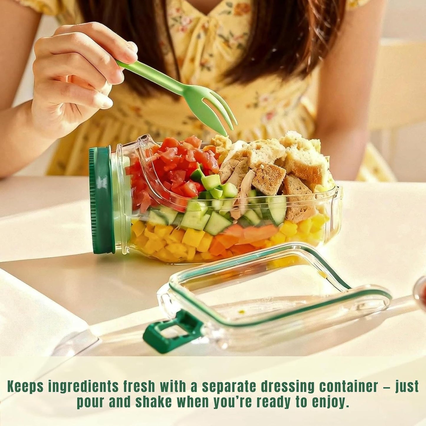 Leakproof Salad Jar with Dressing Container, Layered Food Storage Jar for Lunch, Portable Mason Jar Salad Container for Office, School & Travel, BPA Free Plastic Food Storage Container